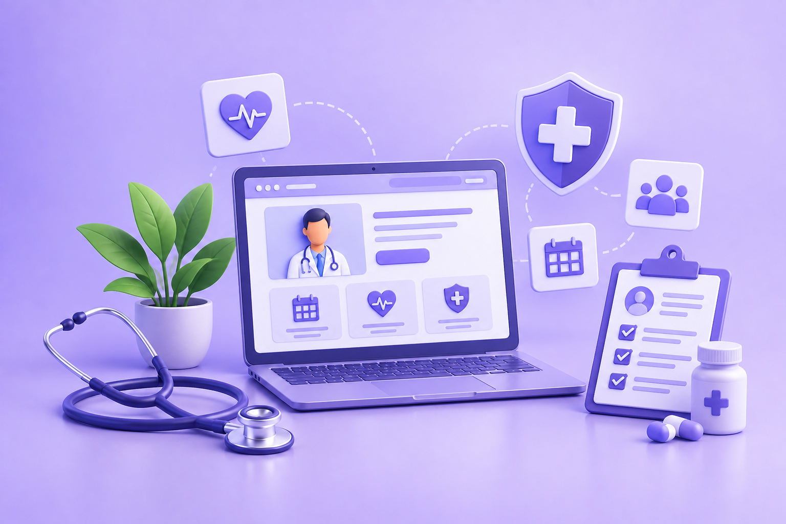 Doctor and patient reviewing a healthcare website design on a tablet inside a clinic.
