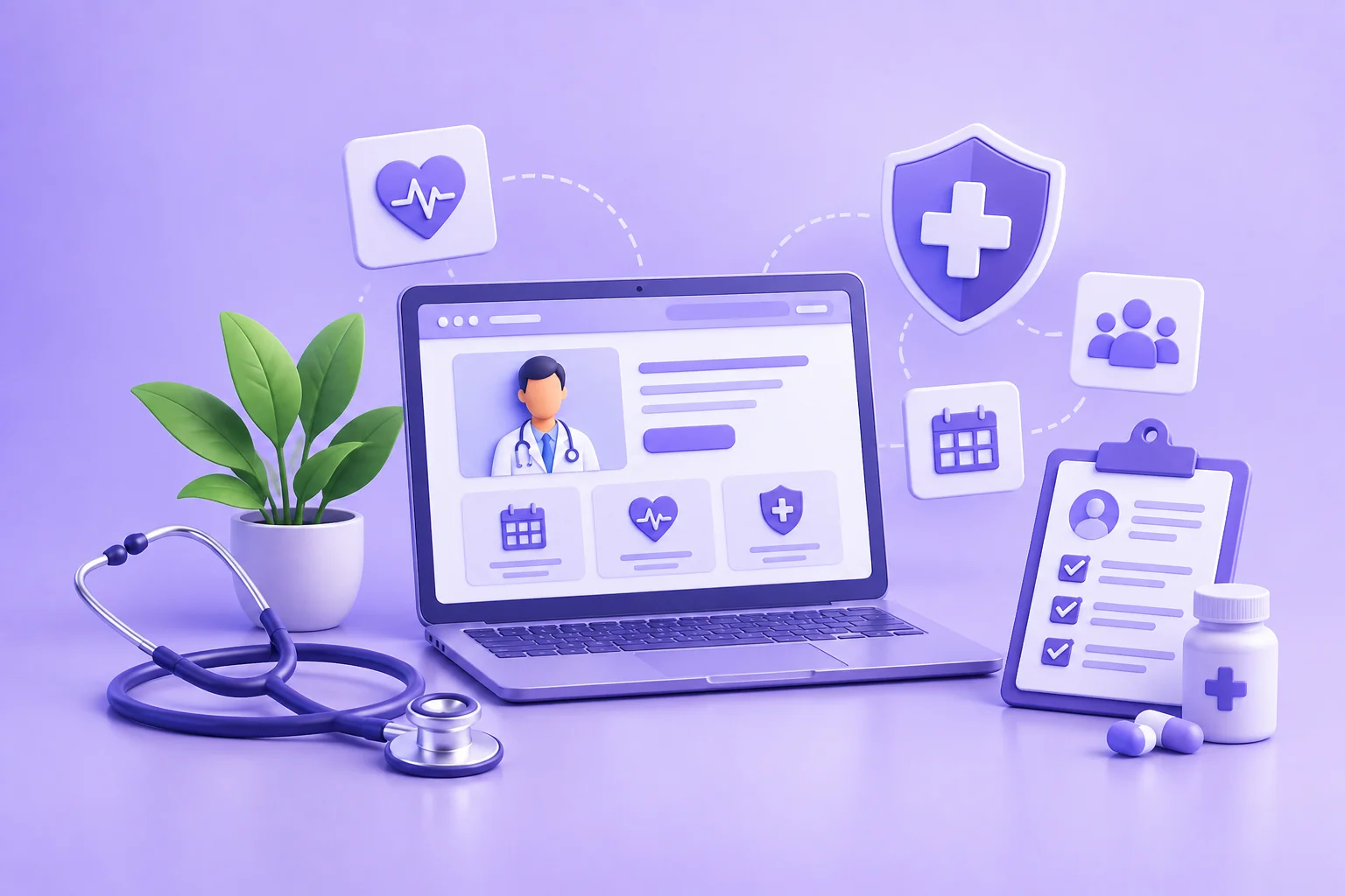 Doctor and patient reviewing a healthcare website design on a tablet inside a clinic.
