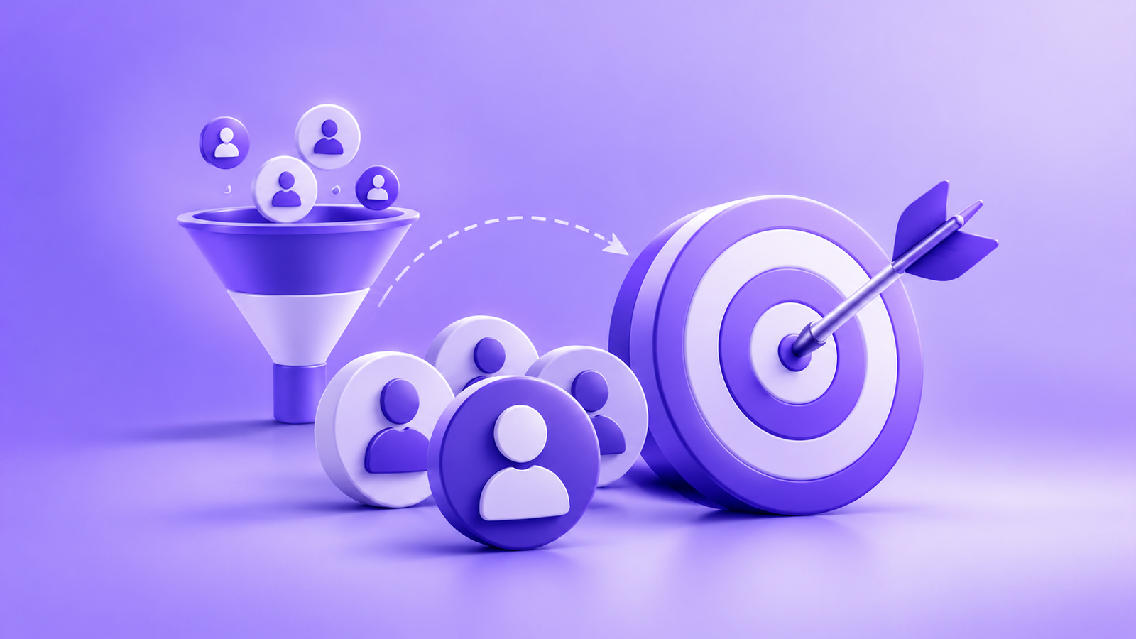 3D illustration of high-intent lead generation strategies, showing qualified customer profiles moving through a funnel toward a targeted bullseye.