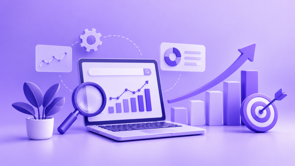 SEO performance tracking illustration featuring analytics charts, a magnifying glass, rising growth bars, and a target to represent SEO success, business growth, and ROI measurement.